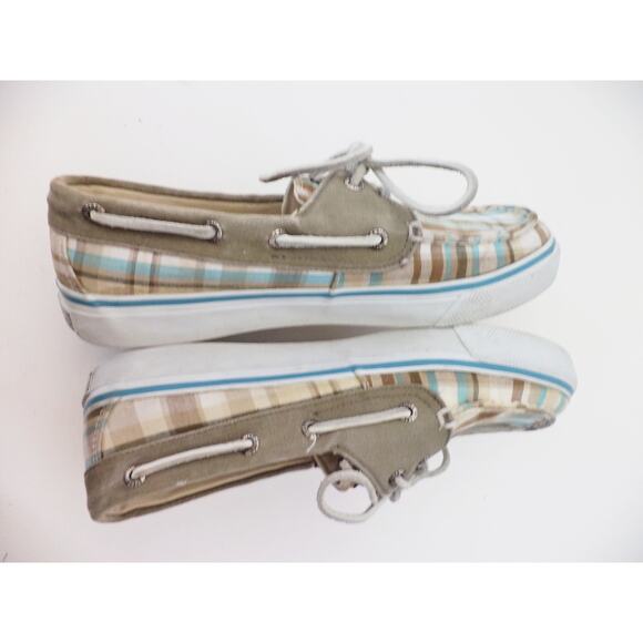 SPERRY TOP SIDER KHAKI & AQUA BROWN PLAID CANVAS BOAT SHOE WOMENS SZ 6.5M - Picture 5 of 7